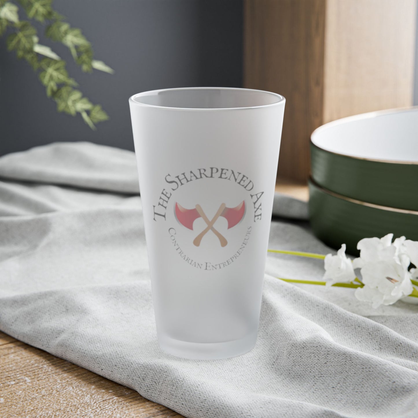 The Sharpened Axe "Contrarian Entrepreneurs" Frosted Pint Glass, 16oz